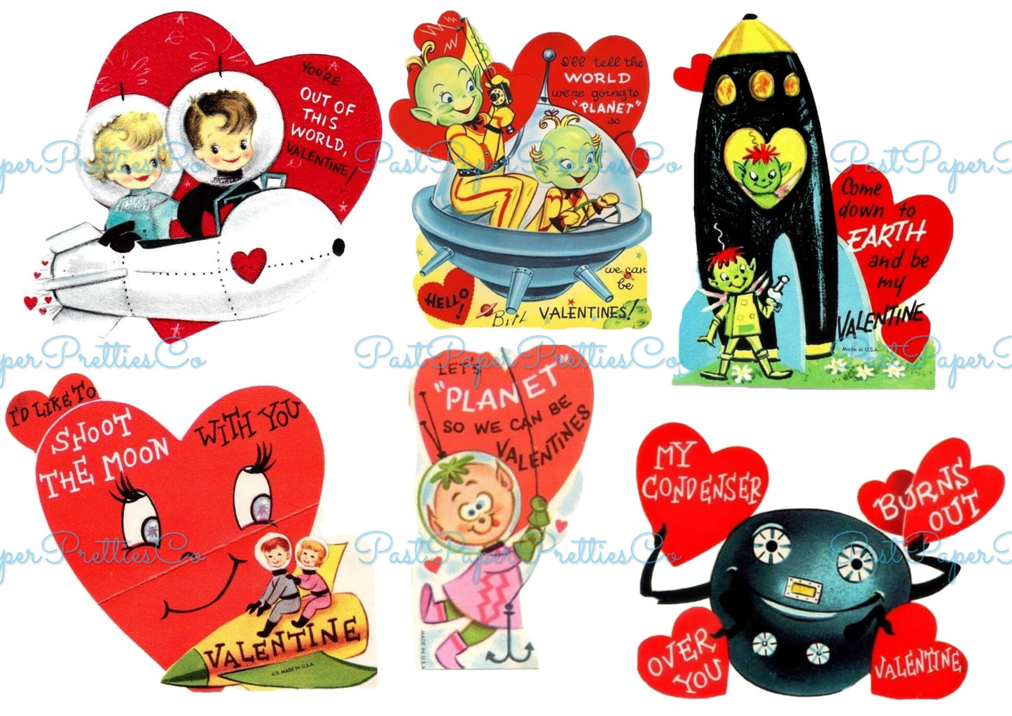 78 Vintage Outer Space Valentines Rocketship Astronaut Aliens Boys Girls Themed Printable PDF Instant Digital Download Cute Sci Fi Clip Art