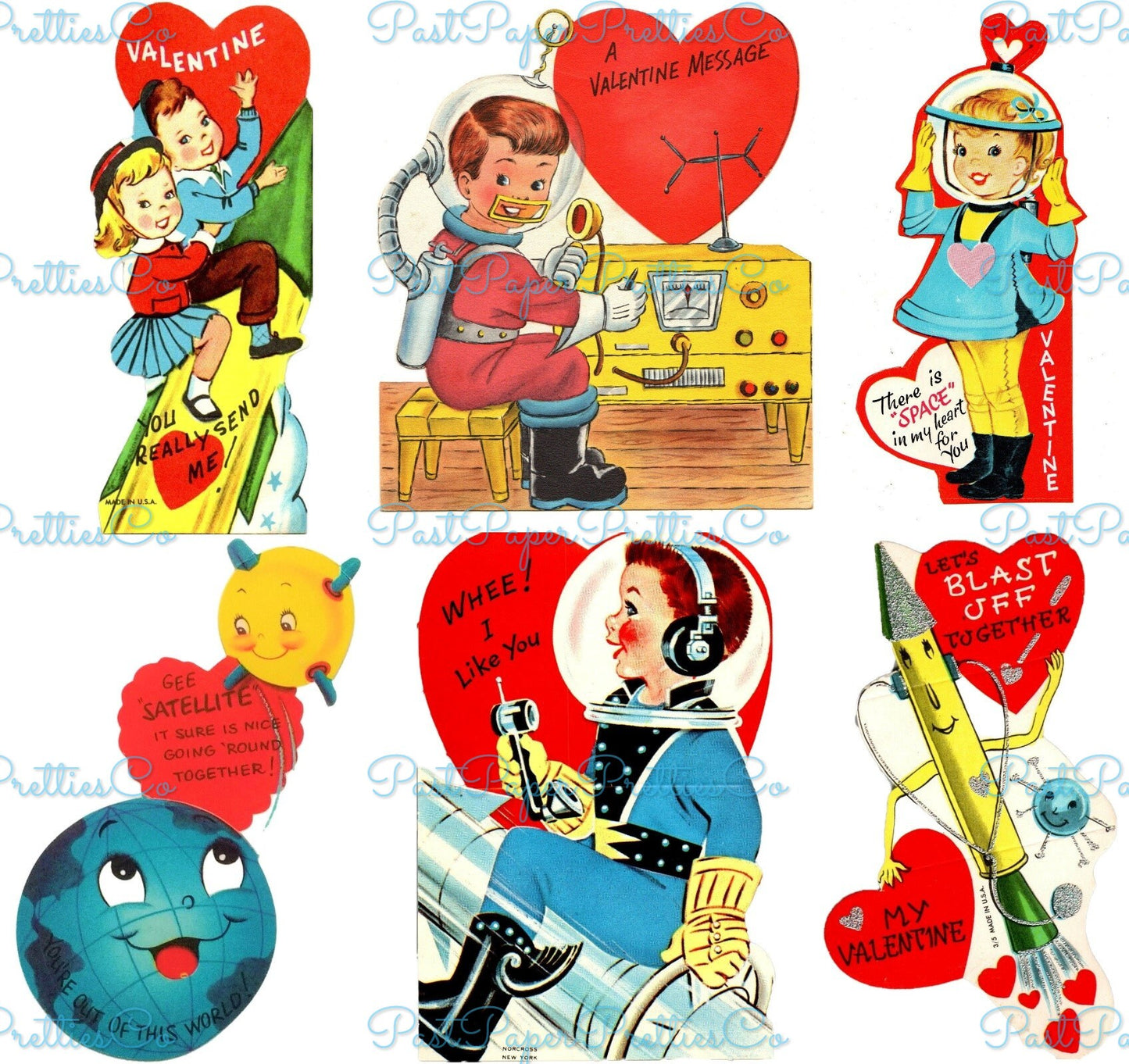 78 Vintage Outer Space Valentines Rocketship Astronaut Aliens Boys Girls Themed Printable PDF Instant Digital Download Cute Sci Fi Clip Art