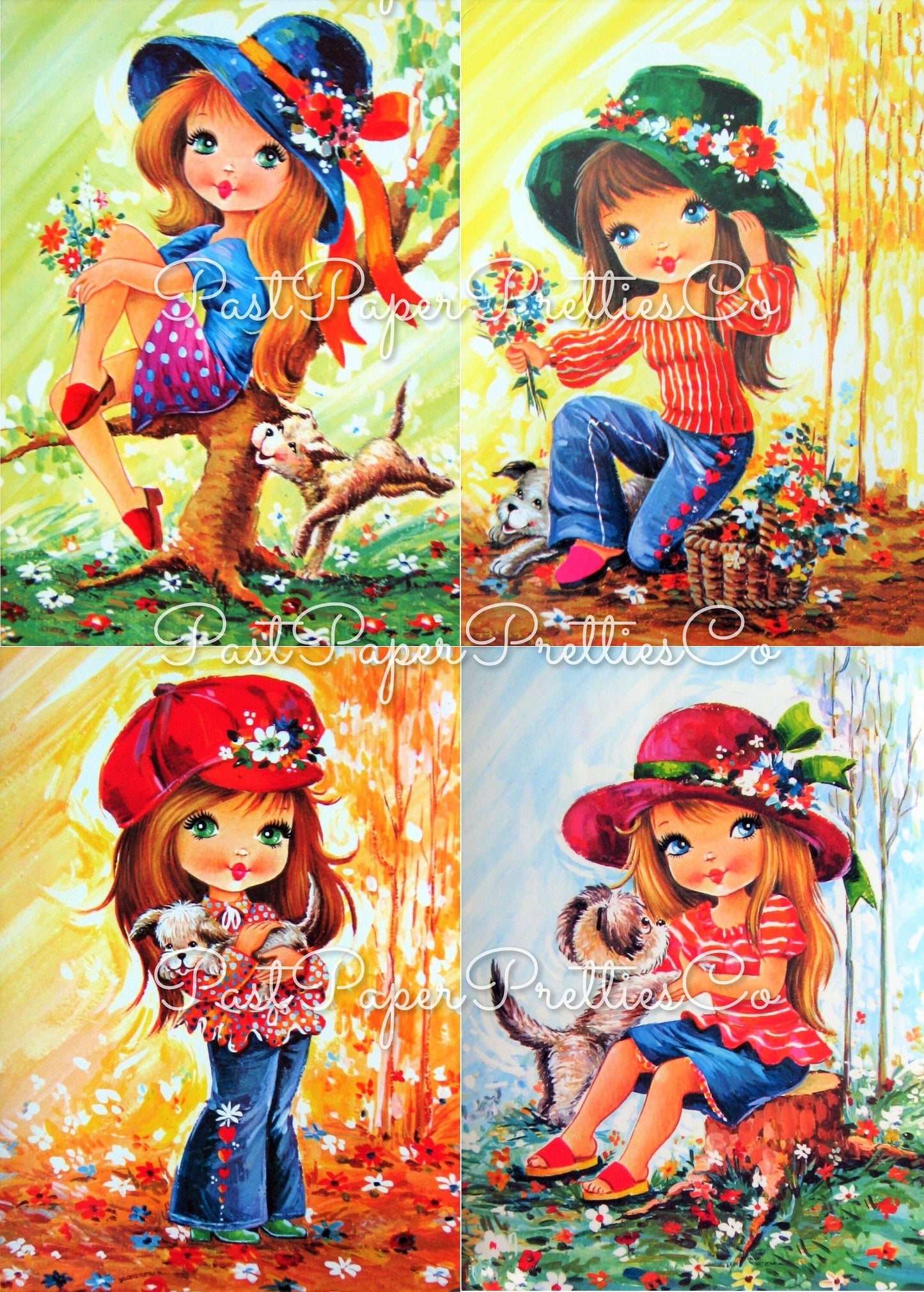 Vintage Printable Pretty Outdoorsy Big Eyed Girls and Their Puppies 1970s Postcard Images PDF Instant Digital Download Cute Kitsch Mod Girls