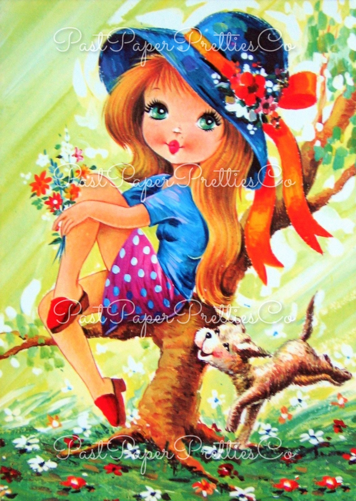 Vintage Printable Pretty Outdoorsy Big Eyed Girls and Their Puppies 1970s Postcard Images PDF Instant Digital Download Cute Kitsch Mod Girls