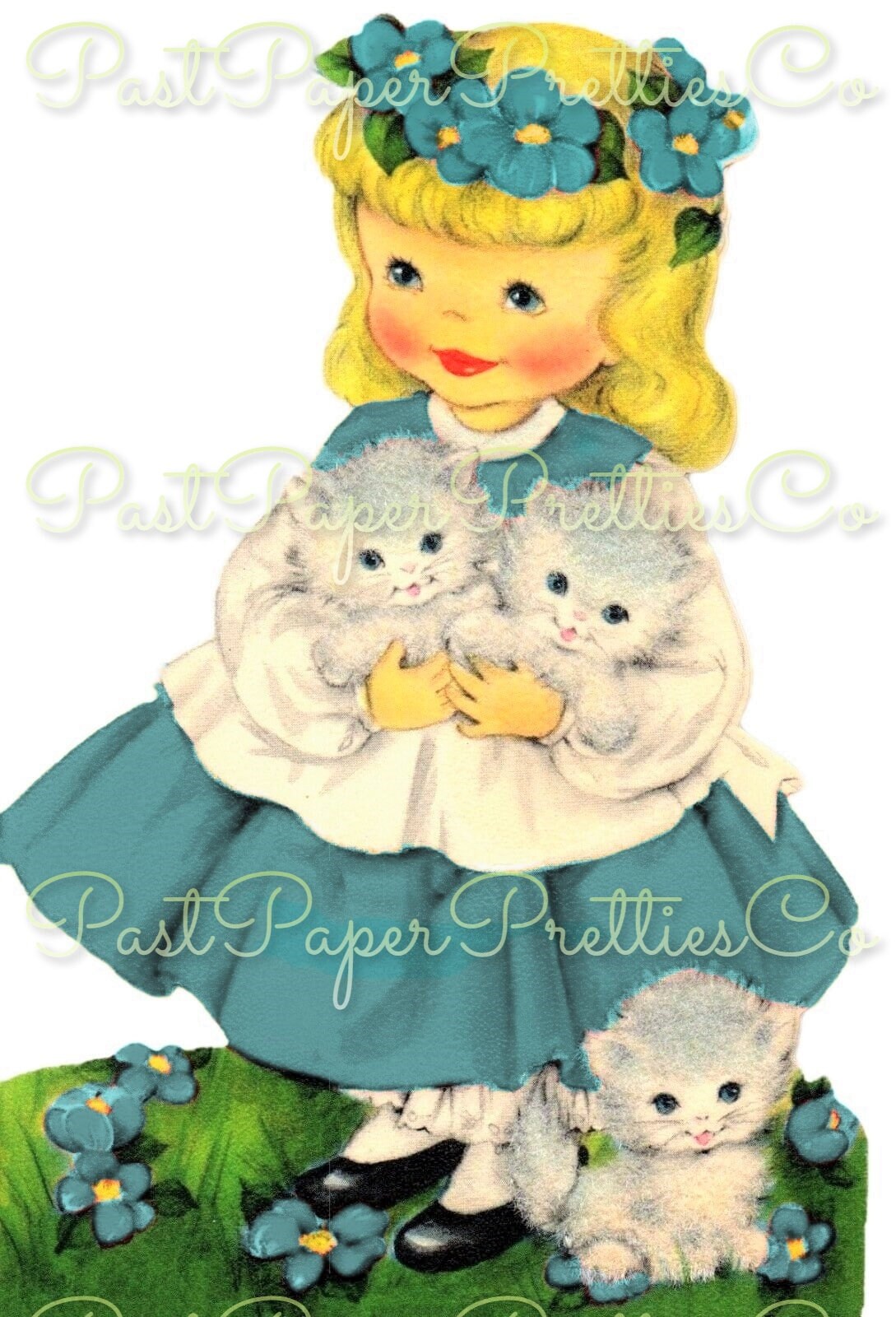 Vintage Printable Little Easter Girls with Flower Crowns & Kittens Card Image c. 1950s Instant Digital Download Collage Style and Singles