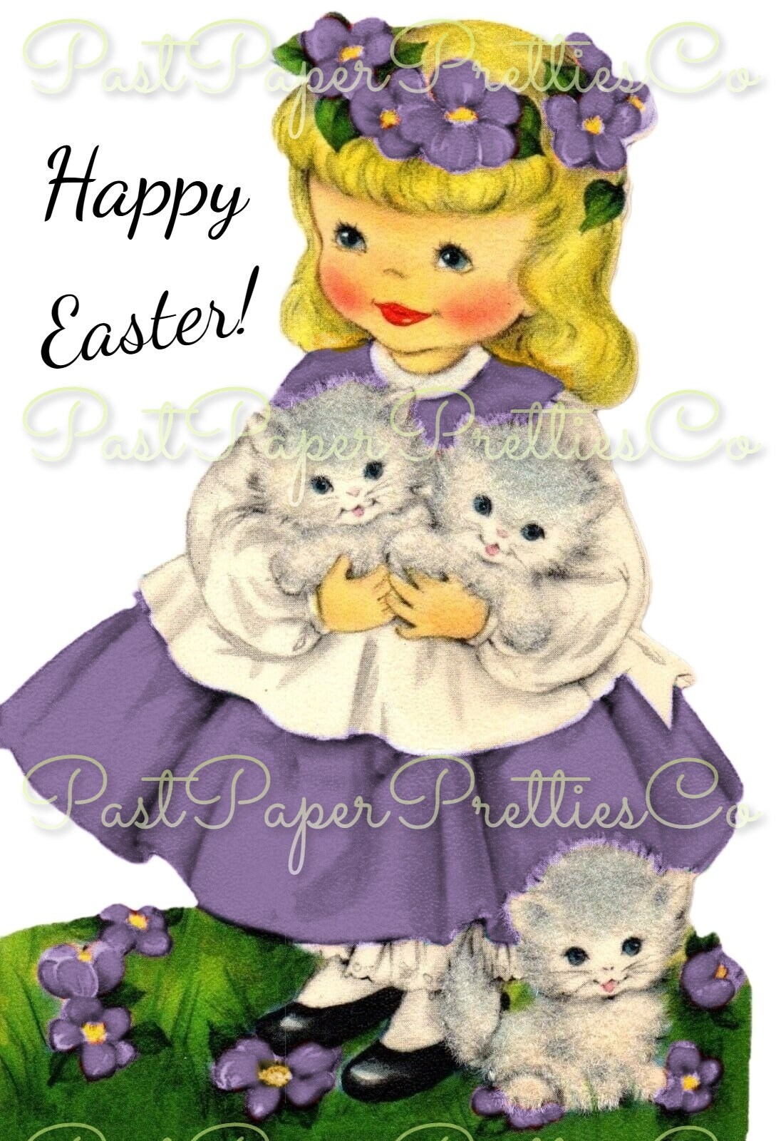 Vintage Printable Little Easter Girls with Flower Crowns & Kittens Card Image c. 1950s Instant Digital Download Collage Style and Singles