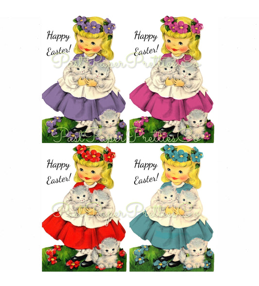 Vintage Printable Little Easter Girls with Flower Crowns & Kittens Card Image c. 1950s Instant Digital Download Collage Style and Singles