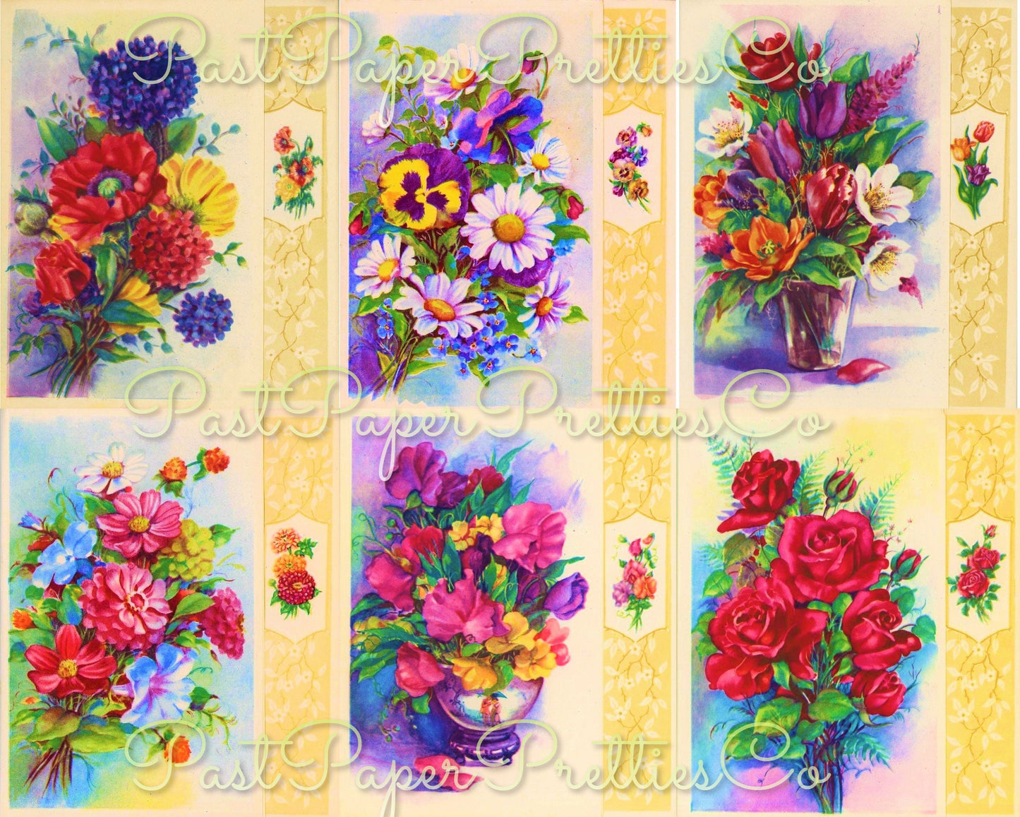 Vintage Printable Pretty Bright Flower Arrangements Bouquets Art Card Collages 12 Images PDF Instant Digital Download Floral Clipart