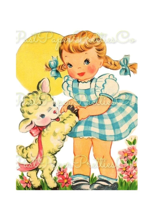 Vintage Printable Sweet Little Pigtailed Easter Girl and Lamb Card Image Gingham Dress c. 1940s Instant Digital Download JPEG PNG 300 dpi