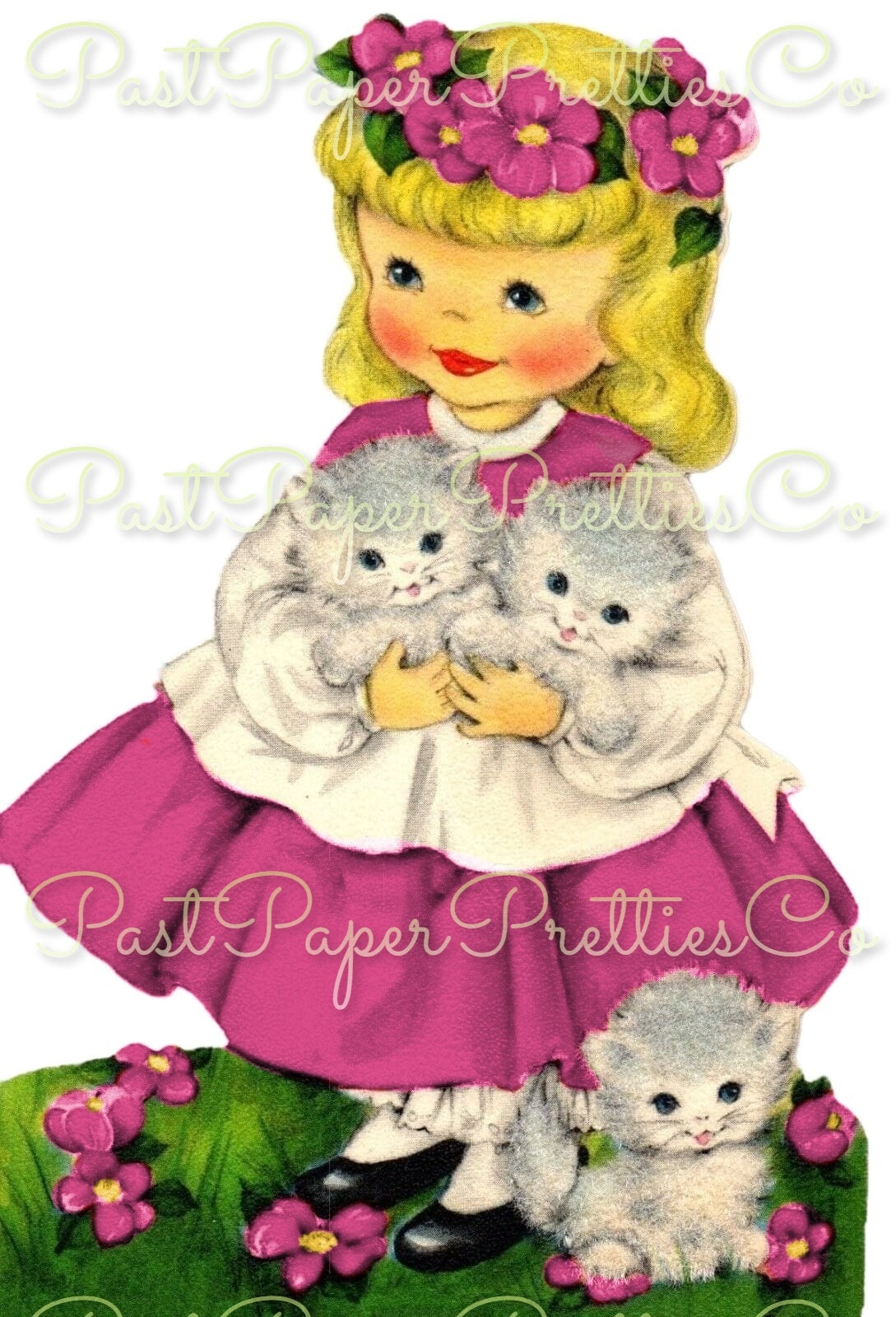 Vintage Printable Little Easter Girls with Flower Crowns & Kittens Card Image c. 1950s Instant Digital Download Collage Style and Singles