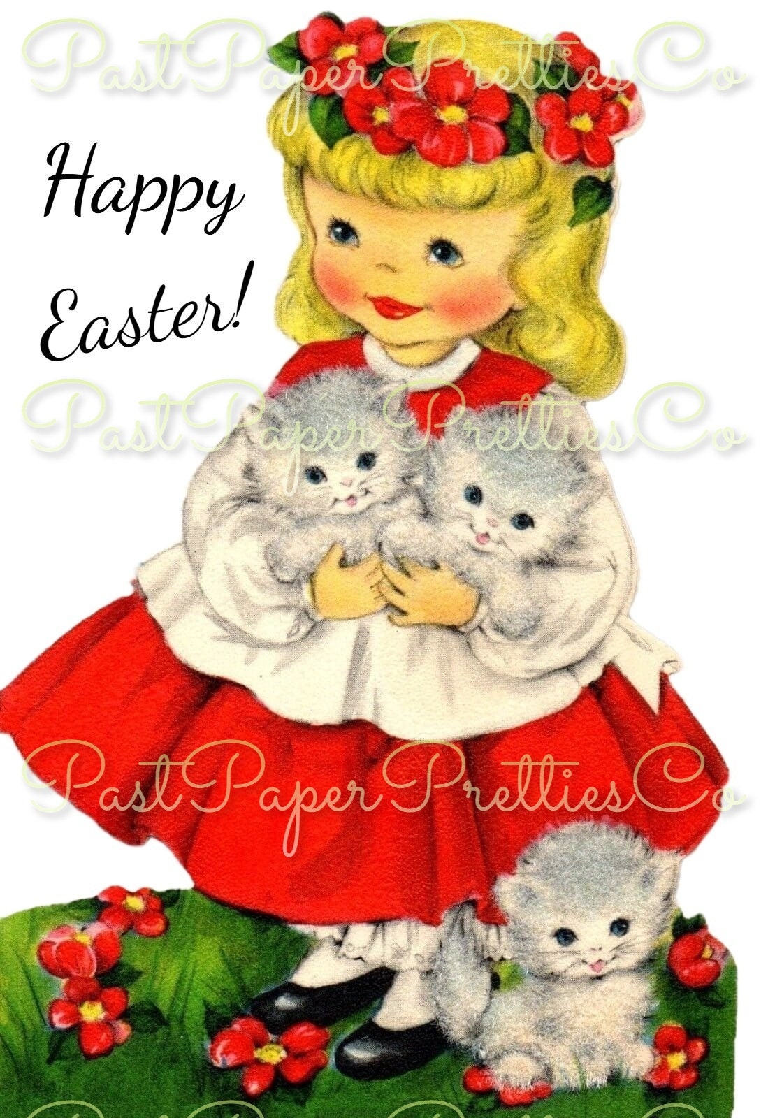 Vintage Printable Little Easter Girls with Flower Crowns & Kittens Card Image c. 1950s Instant Digital Download Collage Style and Singles