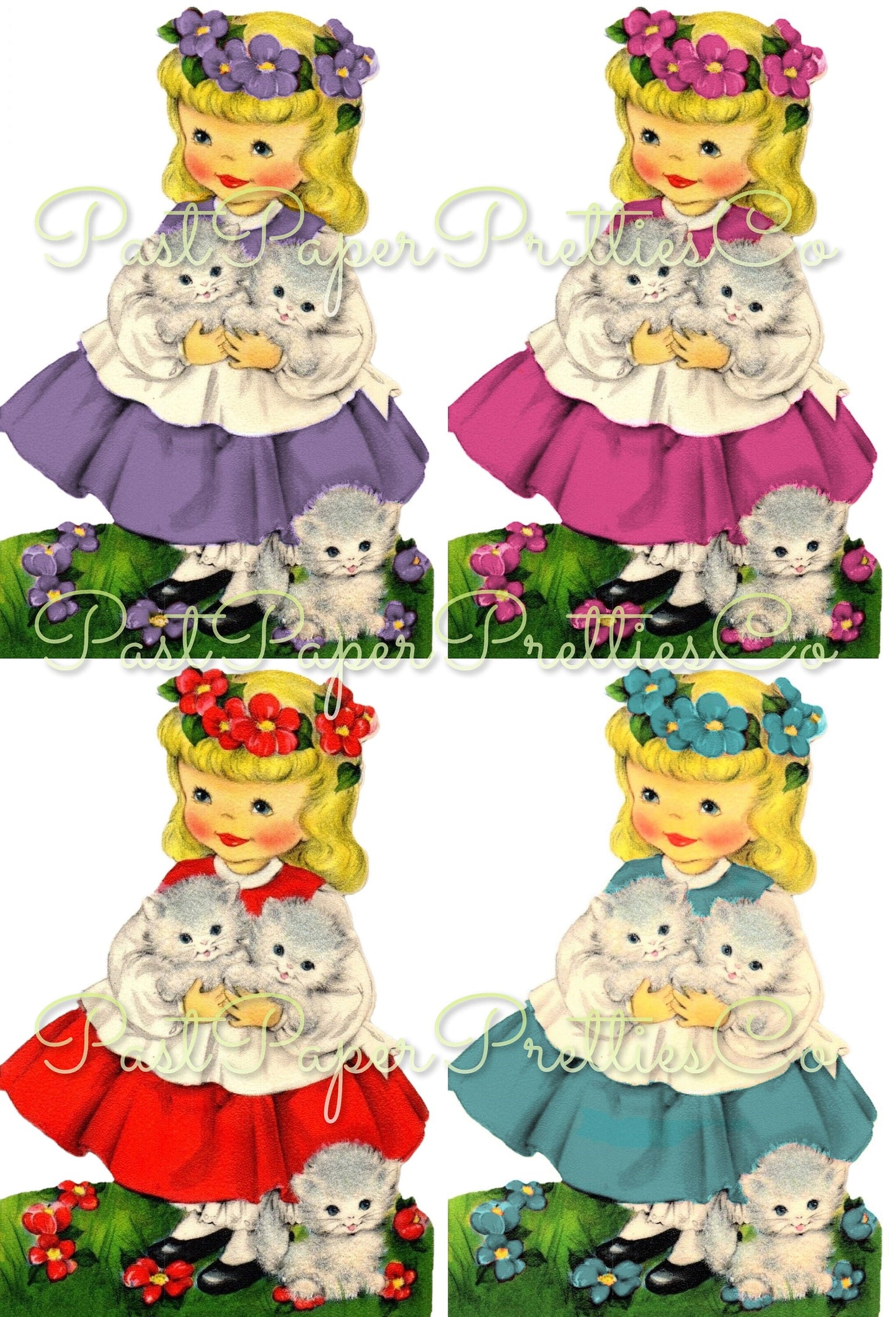 Vintage Printable Little Easter Girls with Flower Crowns & Kittens Card Image c. 1950s Instant Digital Download Collage Style and Singles