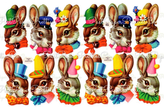 Vintage Printable Bunnies with Hats Easter Bunny Heads Paper Scraps Collage Sheet PDF Instant Digital Download Made in England JPEG PNG