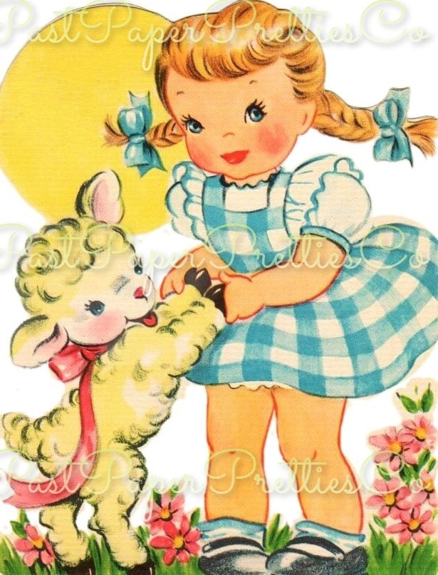 Vintage Printable Sweet Little Pigtailed Easter Girl and Lamb Card Image Gingham Dress c. 1940s Instant Digital Download JPEG PNG 300 dpi