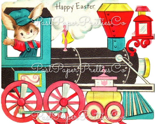 Vintage Printable Easter Bunny Express Choo Choo Train Card Image c. 1950s PDF Instant Digital Download Retro Peter Cottontail Clipart