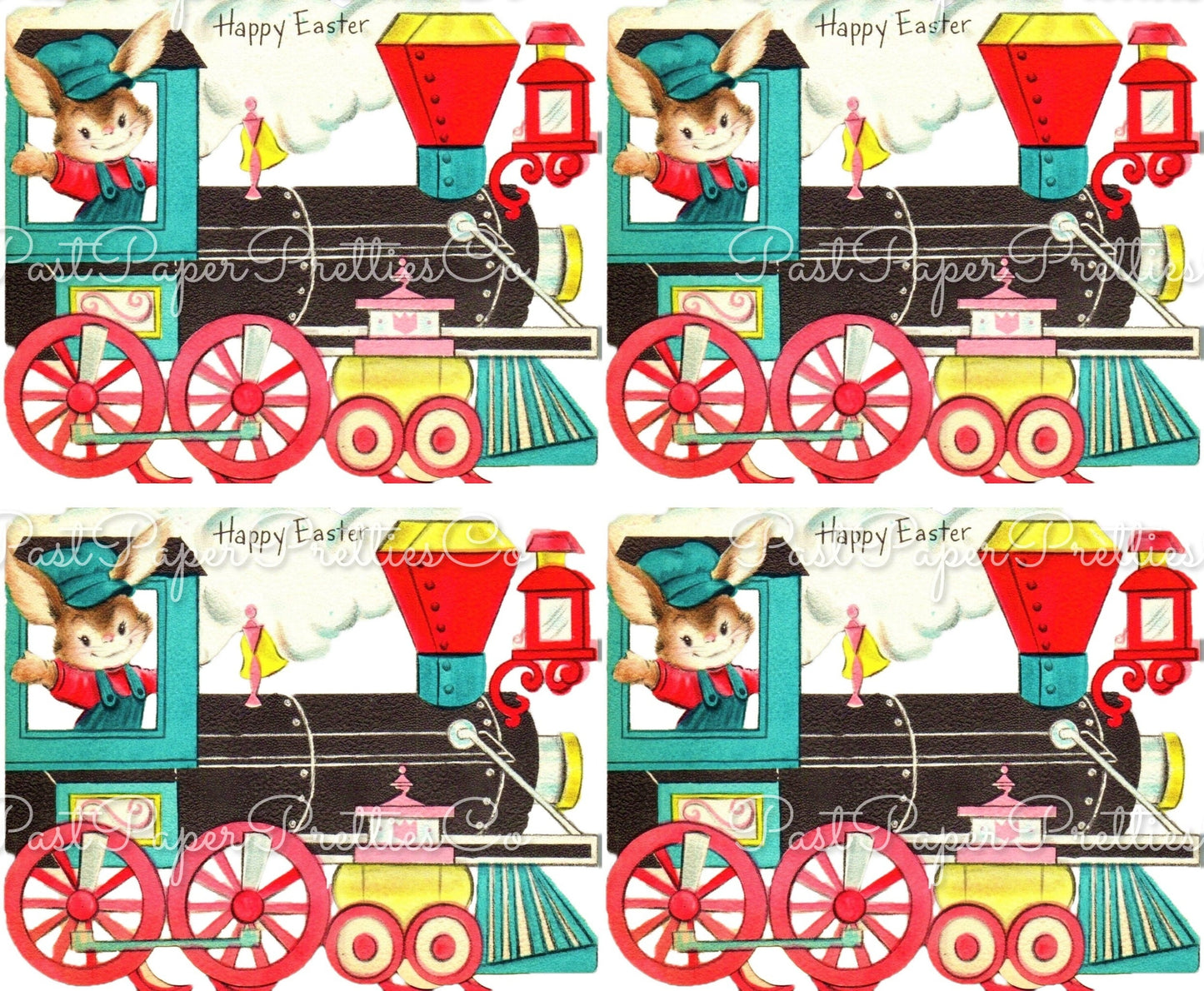 Vintage Printable Easter Bunny Express Choo Choo Train Card Image c. 1950s PDF Instant Digital Download Retro Peter Cottontail Clipart