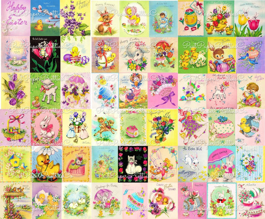 63 Vintage Easter Greeting Card Images Collage Sheets Printable PDF Instant Digital Download Cute Animals Eggs Flowers ATC Size