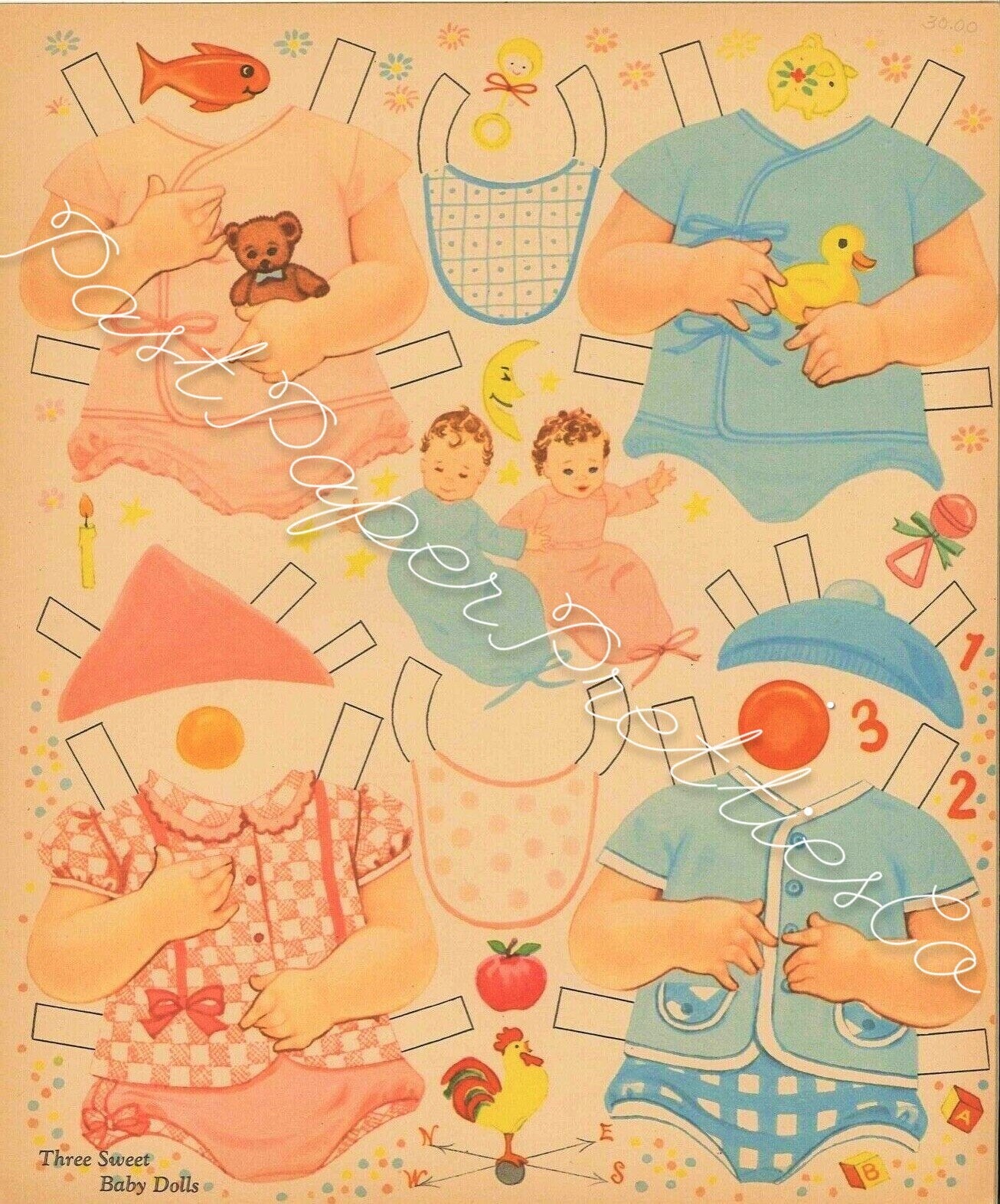 Vintage Paper Dolls Three Sweet Baby Dolls Babies to Cut Out and Dress c. 1954 Printable PDF Instant Digital Download Cute Toddlers Clipart