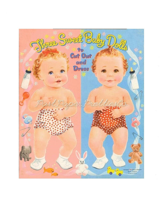 Vintage Paper Dolls Three Sweet Baby Dolls Babies to Cut Out and Dress c. 1954 Printable PDF Instant Digital Download Cute Toddlers Clipart