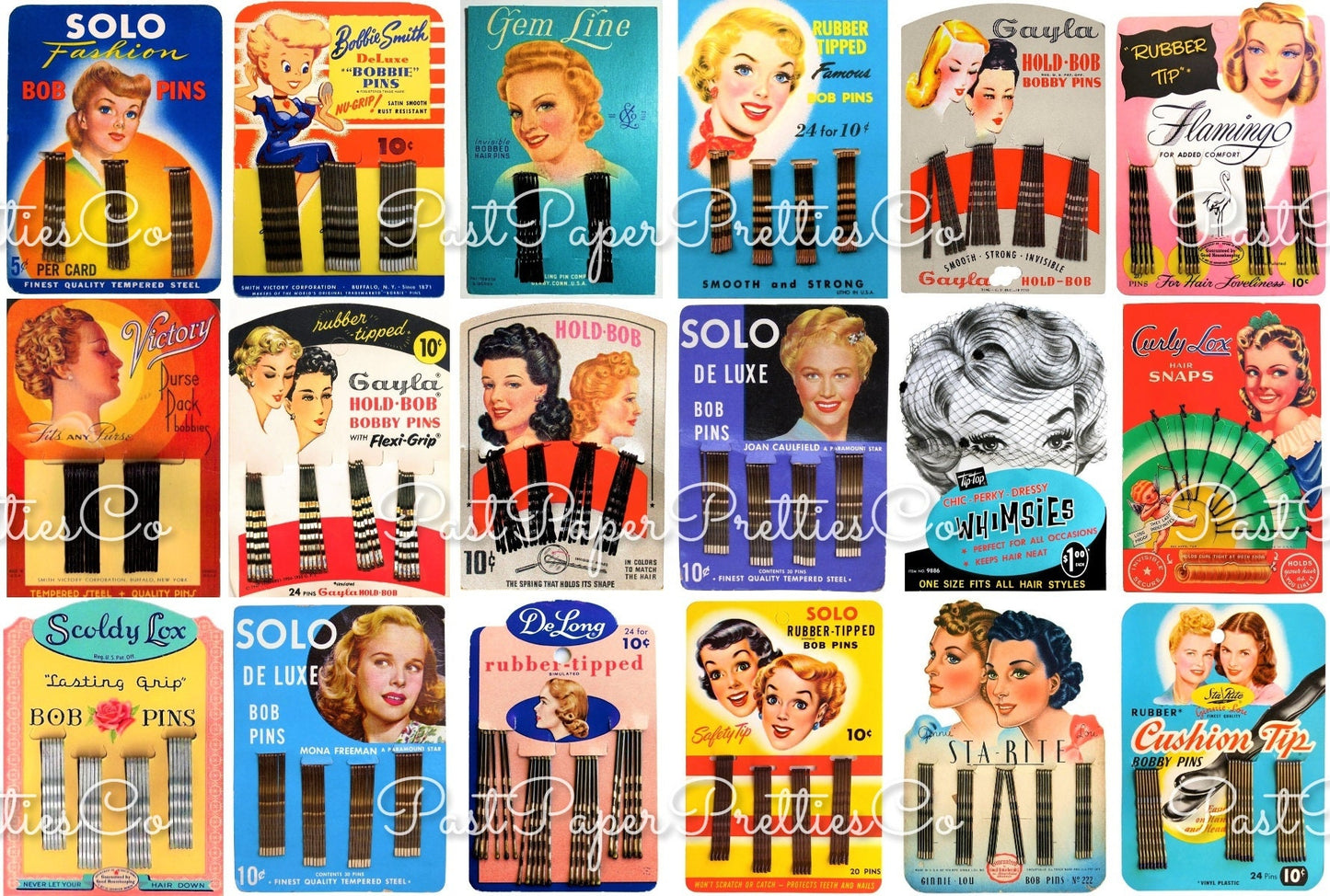 Vintage '40s Housewife Bobby Pins Ladies Hair Pins Printable ATC Collages 18 Images PDF Instant Digital Download Retro Homemaker Beauty Chic