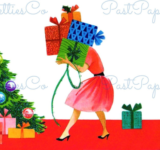 Vintage Printable Christmas Card Image His Her Presents For The Tree Instant Digital Download Cute Kitsch Mid Century Holiday Clip Art