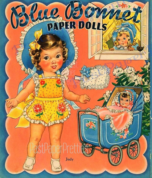 Vintage Blue Bonnet Paper Dolls c. 1942 Cute Little Girls and Their Toy Dollys Printable PDF Instant Digital Download Kitsch Clip Art