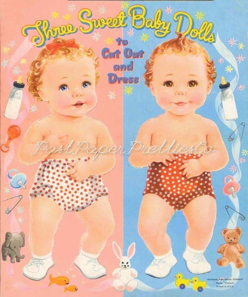 Vintage Paper Dolls Three Sweet Baby Dolls Babies to Cut Out and Dress c. 1954 Printable PDF Instant Digital Download Cute Toddlers Clipart