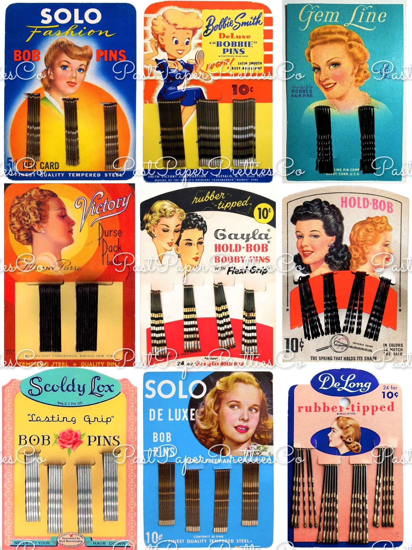 Vintage '40s Housewife Bobby Pins Ladies Hair Pins Printable ATC Collages 18 Images PDF Instant Digital Download Retro Homemaker Beauty Chic