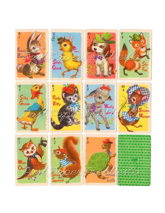 Vintage Retro Animal Rummy Playing Cards or Nursery Decal Images Collage Sheets PDF Instant Digital Download Cute Anthropomorphic Clipart