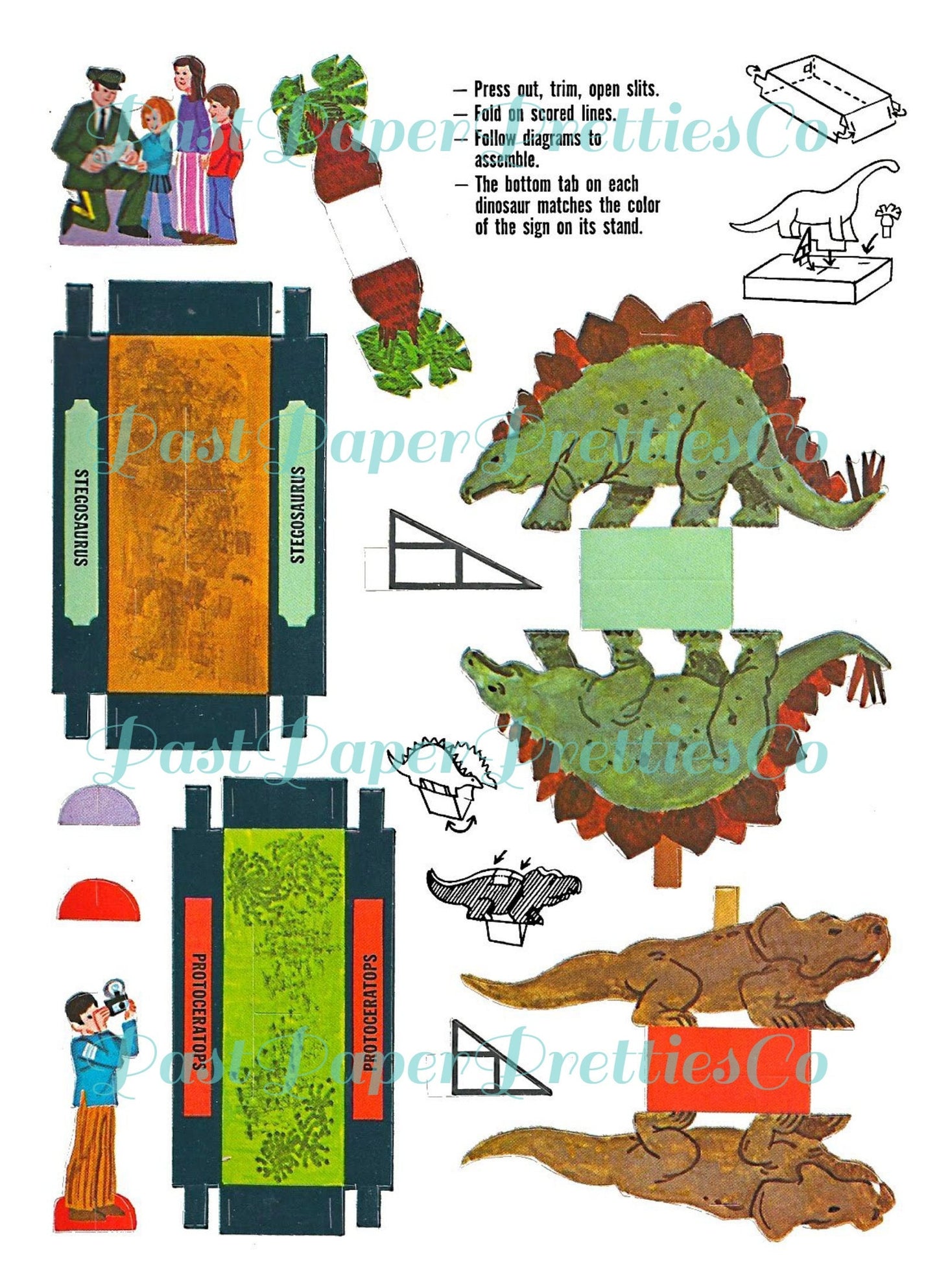 Vintage Printable Tiny Dinosaur Museum Press Out Papercraft Toys c. 1975 PDF Instant Digital Download 14 Dino Models Tourists Paper Playset