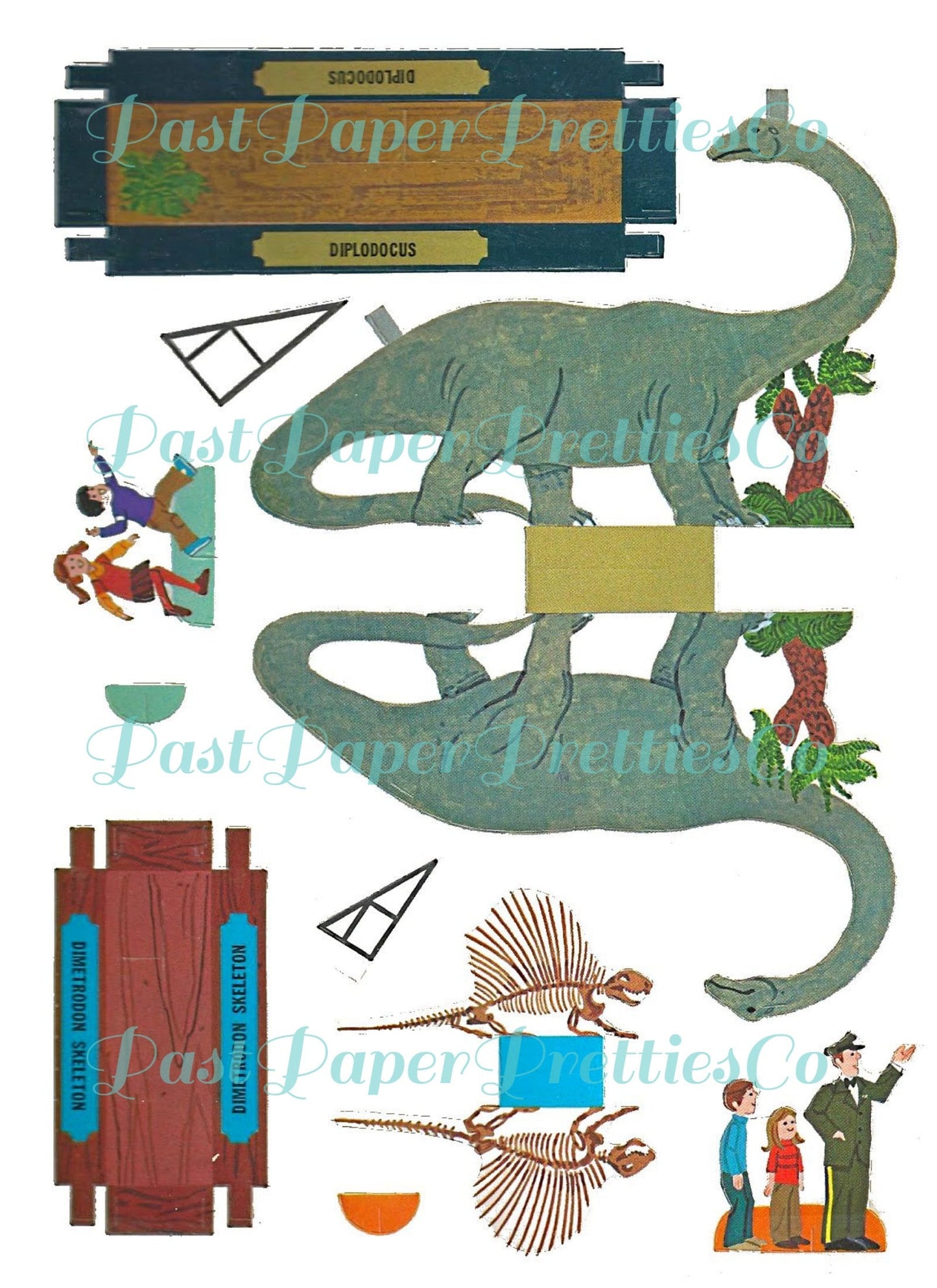 Vintage Printable Tiny Dinosaur Museum Press Out Papercraft Toys c. 1975 PDF Instant Digital Download 14 Dino Models Tourists Paper Playset