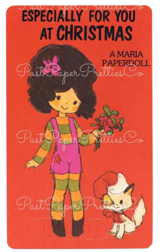 Vintage Christmas Paper Doll Cute Maria Girl 1970s Printable Card PDF Instant Digital Download Kawaii Kitschy Girl Cat and Outfit Clip Art