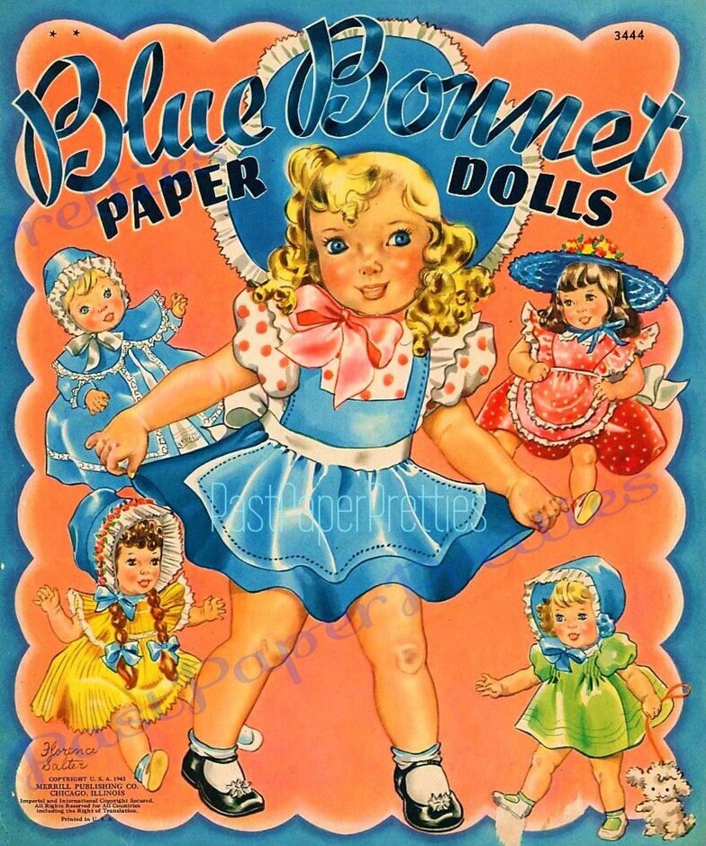 Vintage Blue Bonnet Paper Dolls c. 1942 Cute Little Girls and Their Toy Dollys Printable PDF Instant Digital Download Kitsch Clip Art