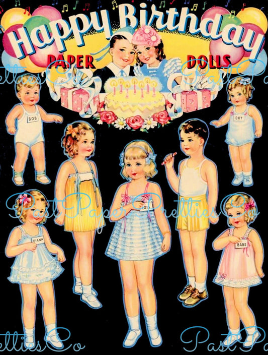 Vintage Happy Birthday Paper Dolls 17 Cute Kids c. 1940s Printable PDF Instant Digital Download Cute Girls Boys Party Clip Art