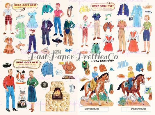 Vintage Linda Goes West Western Cowgirl Paper Doll Collage Sheets Retro 1960s Printable PDF Instant Digital Download 5 Papercraft Play Sets