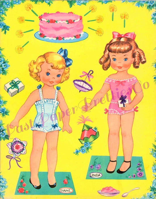 Vintage Paper Dolls Patty's Party c. 1960s Printable PDF Instant Digital Download 4 Pretty Kitsch Cute Little Girls Clip Art