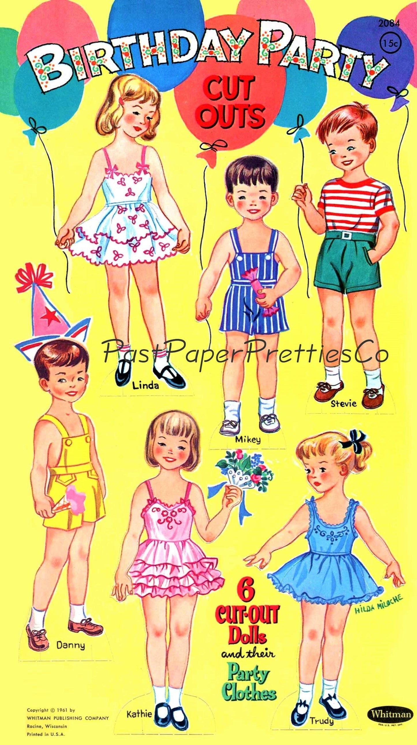 Vintage Paper Dolls Birthday Party Cut Outs c. 1961 Printable PDF Instant Digital Download 6 Cute Kitsch Children Party Costumes Clip Art