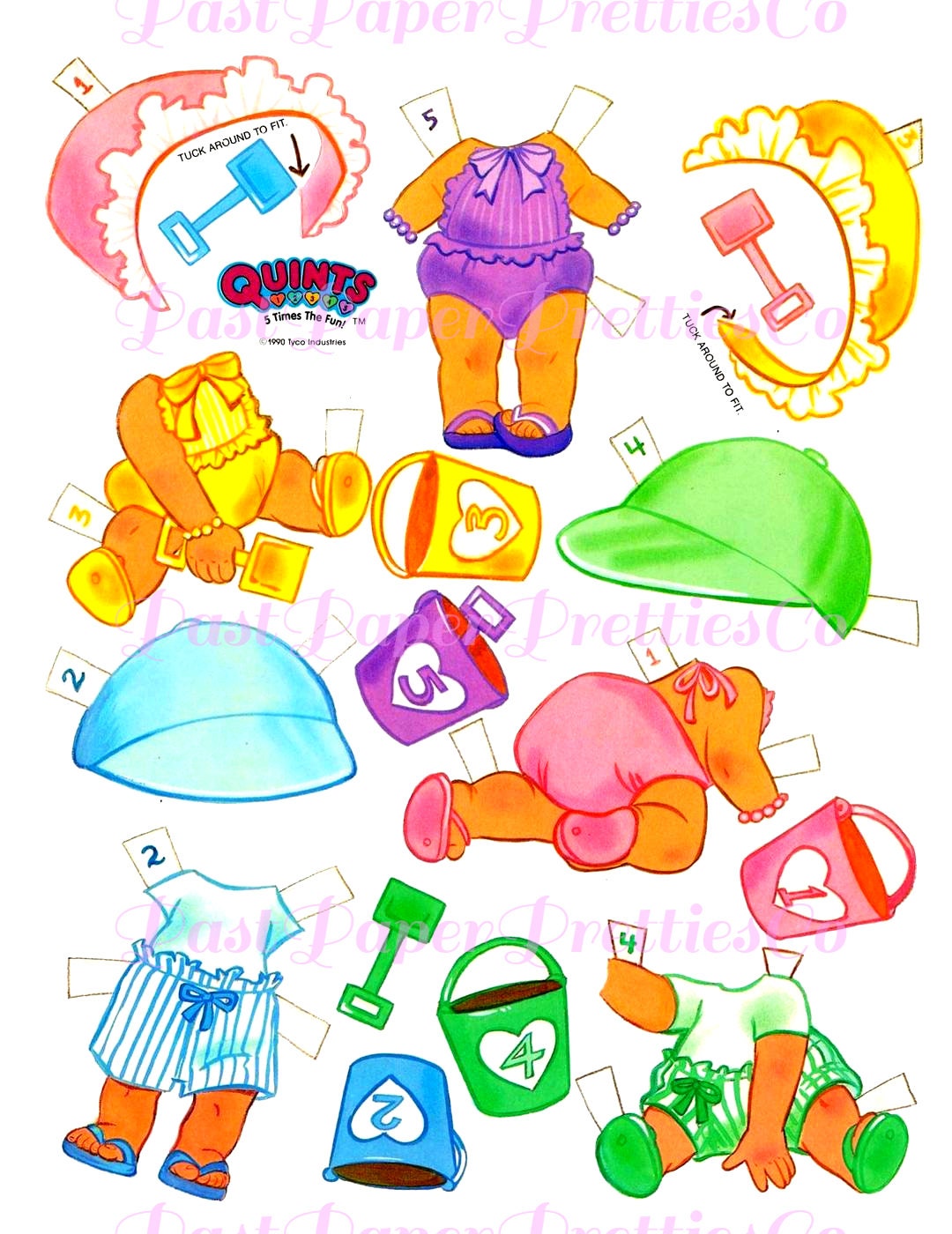 Vintage Paper Dolls Quints 5 Times The Fun Printable PDF Instant Digital Download Retro Baby Siblings Toddler Toy Doll Clip Art