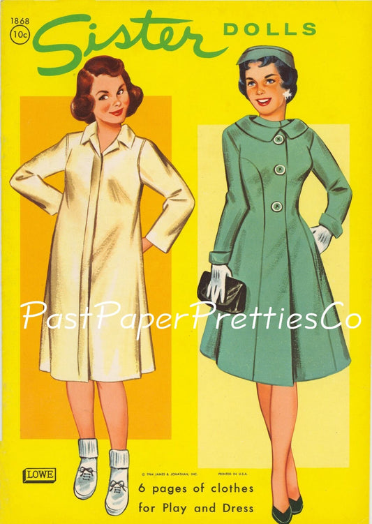 Vintage Paper Dolls Sister Dolls c. 1964 Printable PDF Instant Digital Download Pretty Sibling Sister Dolls Clip Art