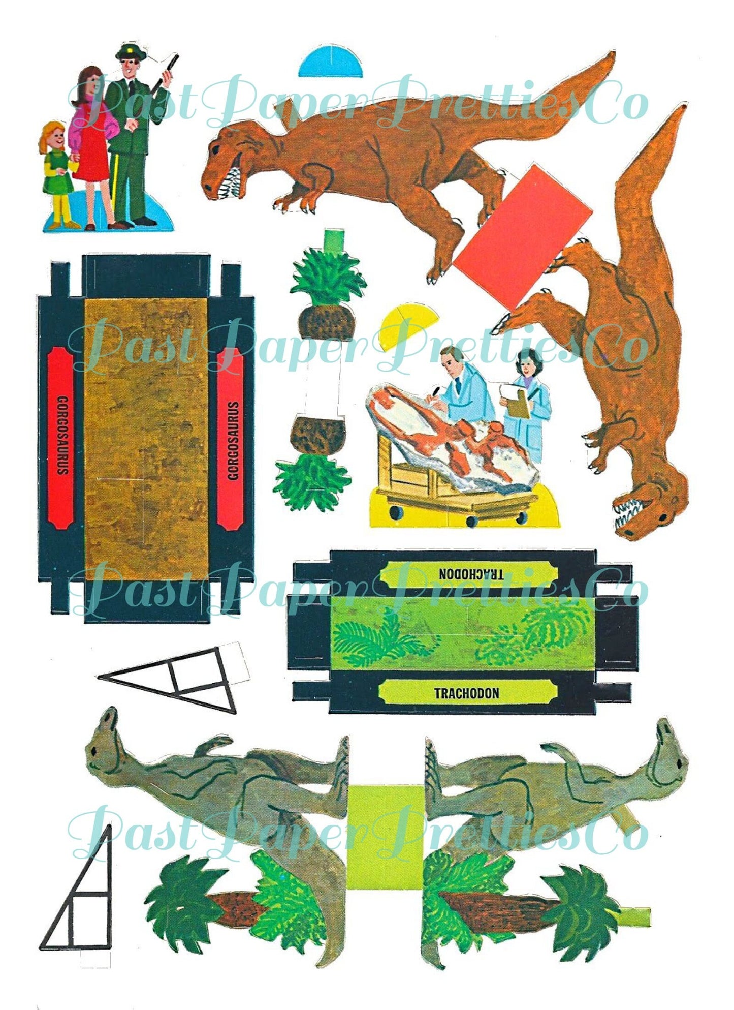 Vintage Printable Tiny Dinosaur Museum Press Out Papercraft Toys c. 1975 PDF Instant Digital Download 14 Dino Models Tourists Paper Playset