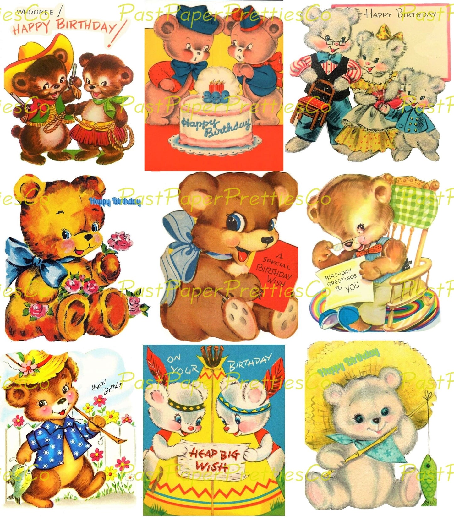 Vintage Printable Teddy Bear Happy Birthday Collage Sheets and Cards Retro Images PDF Instant Digital Download Clipart 3 Sizes