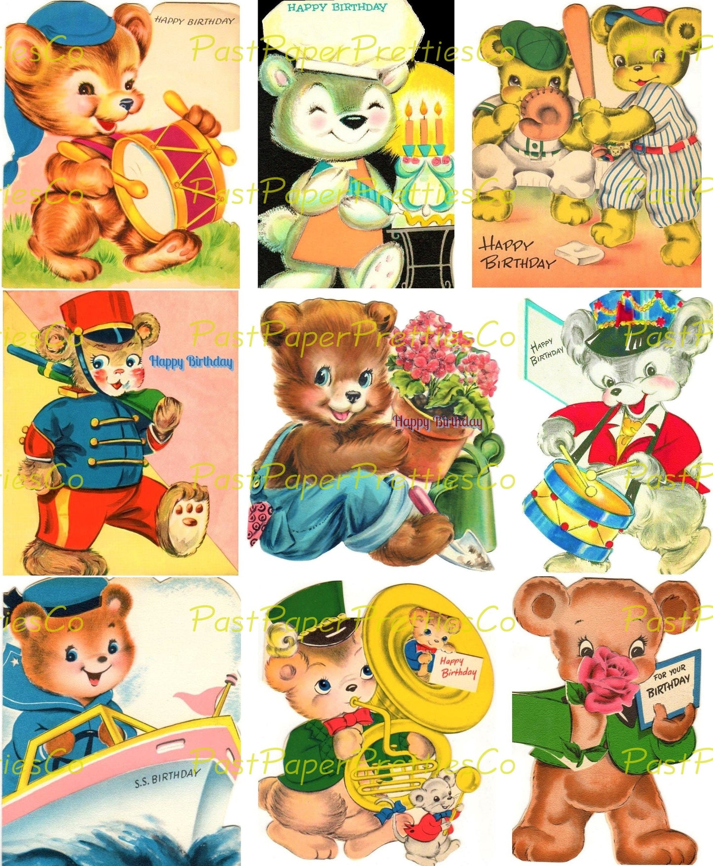 Vintage Printable Teddy Bear Happy Birthday Collage Sheets and Cards Retro Images PDF Instant Digital Download Clipart 3 Sizes