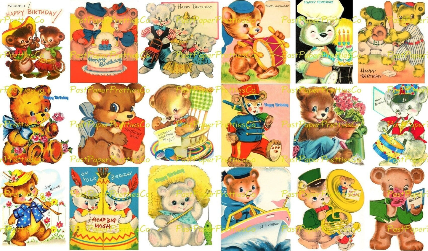 Vintage Printable Teddy Bear Happy Birthday Collage Sheets and Cards Retro Images PDF Instant Digital Download Clipart 3 Sizes