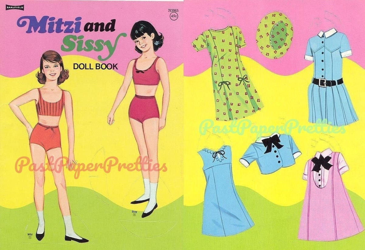 Vintage Paper Dolls Mitzi and Sissy 1977 Printable PDF Instant Digital Download Two Cute Kitsch Girls Friends Seventies Dresses Clip Art