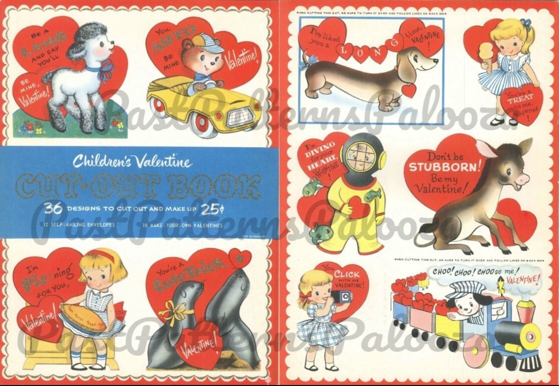 Printable Vintage 1960s Valentines Day Cards Cute Kitsch Boys Girls Anthropomorphic Animals PDF Instant Digital Download Clip Art 36 Designs