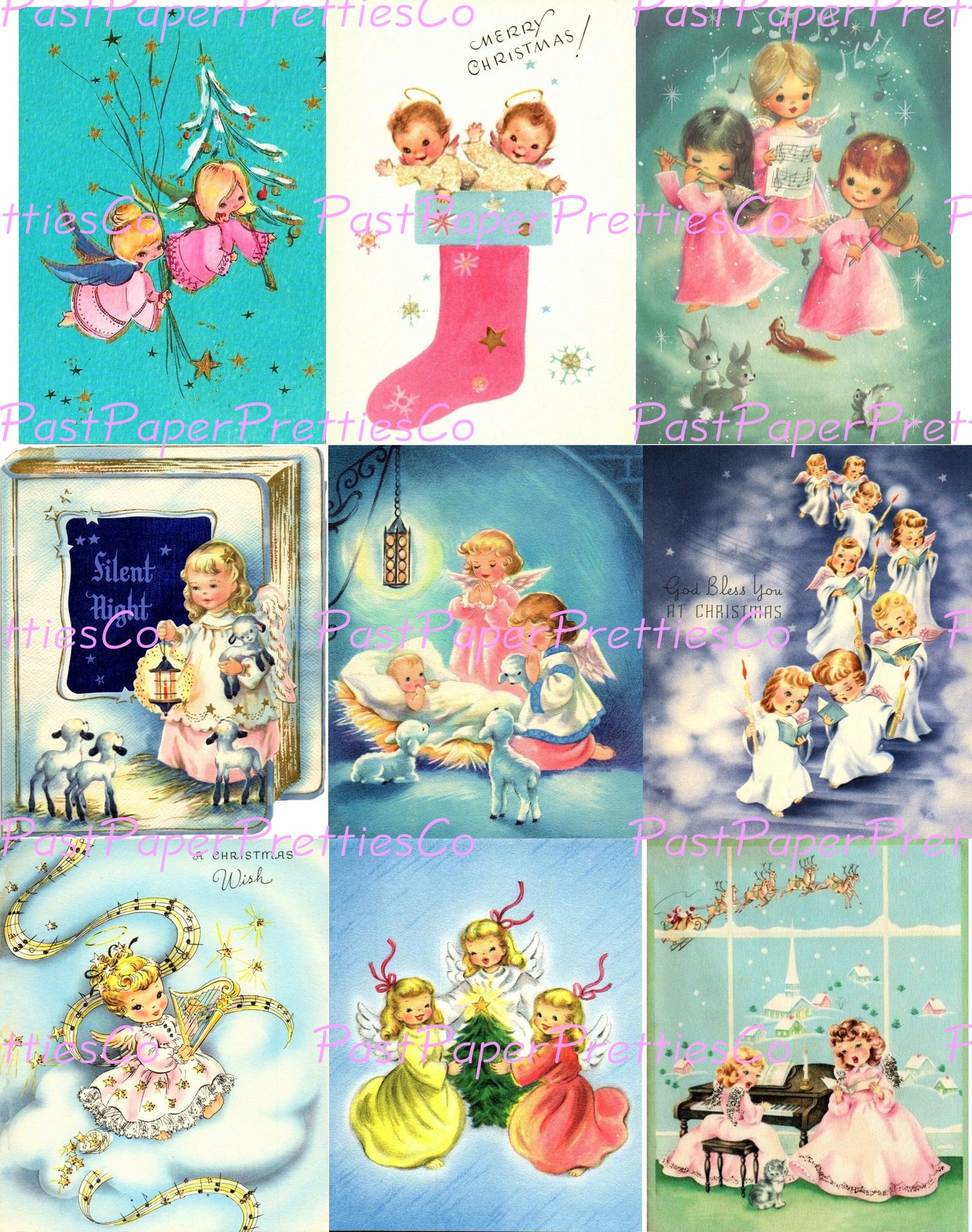 Vintage Printable Christmas Angels Collage Sheets Cute Pink Blue Pastels Holiday Card Images PDF Instant Digital Download Clip Art 2 Sizes