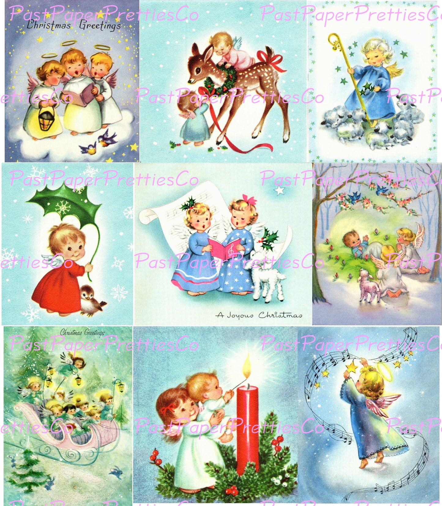 Vintage Printable Christmas Angels Collage Sheets Cute Pink Blue Pastels Holiday Card Images PDF Instant Digital Download Clip Art 2 Sizes