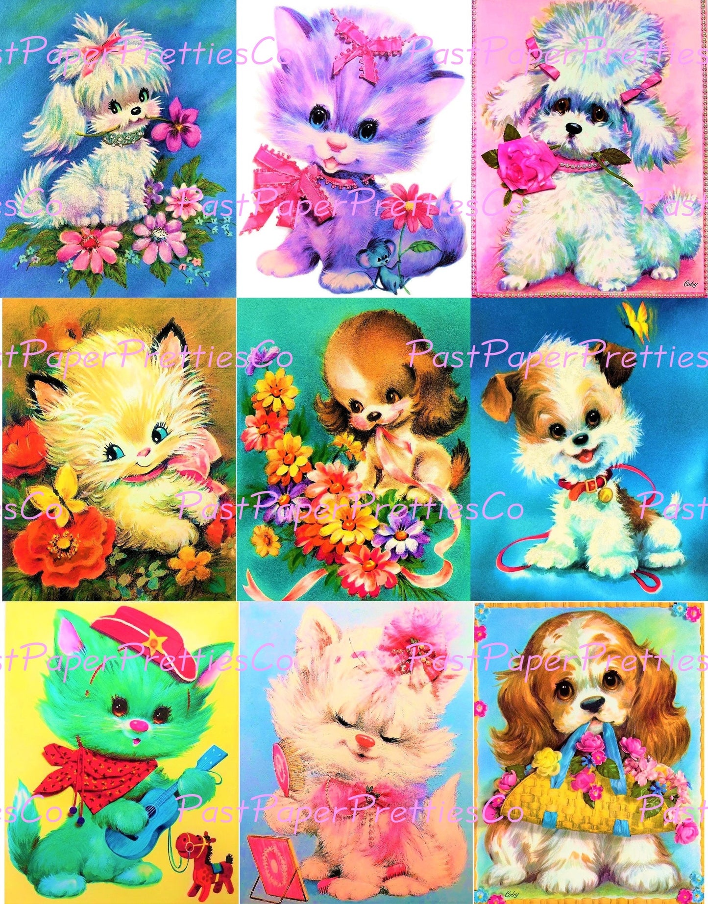 Vintage Printable Greeting Cards Retro 70s Big Eyed Animals Collage & Single Images PDF Instant Digital Download Cute Kitsch Zoo Pets