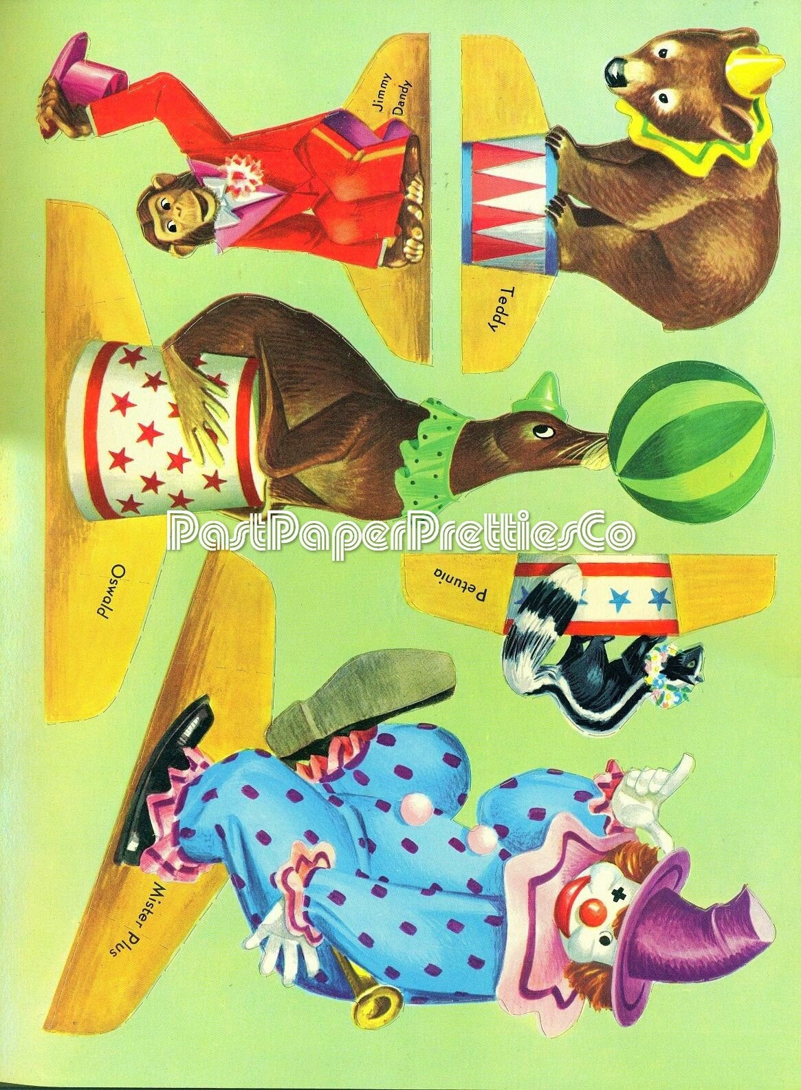 Vintage Printable Mid Century Circus Push Outs Papercraft Toys c. 1953 PDF Instant Digital Download Animals Clowns Acrobats Paper Playset