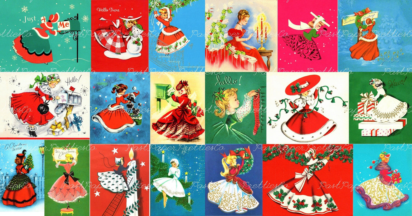 Vintage Printable Christmas Ladies Side Profiles Collage Sheets & 20 Single Card Images PDF Instant Digital Download Cute Holiday Girls