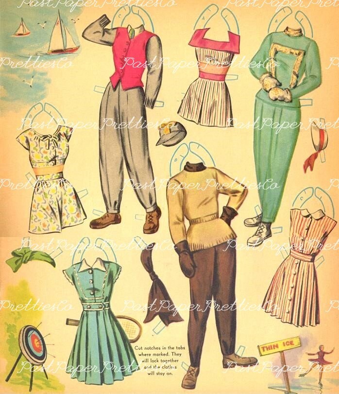 Vintage Paper Dolls Style Show 1948 Printable PDF Instant Digital Download 3 Pretty Stylish Fashion Gals Beach Beauties 1940s Clip Art