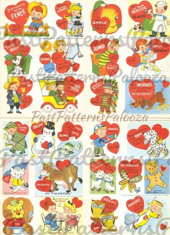 Printable Vintage 1960s Valentines Day Cards Cute Kitsch Boys Girls Anthropomorphic Animals PDF Instant Digital Download Clip Art 36 Designs