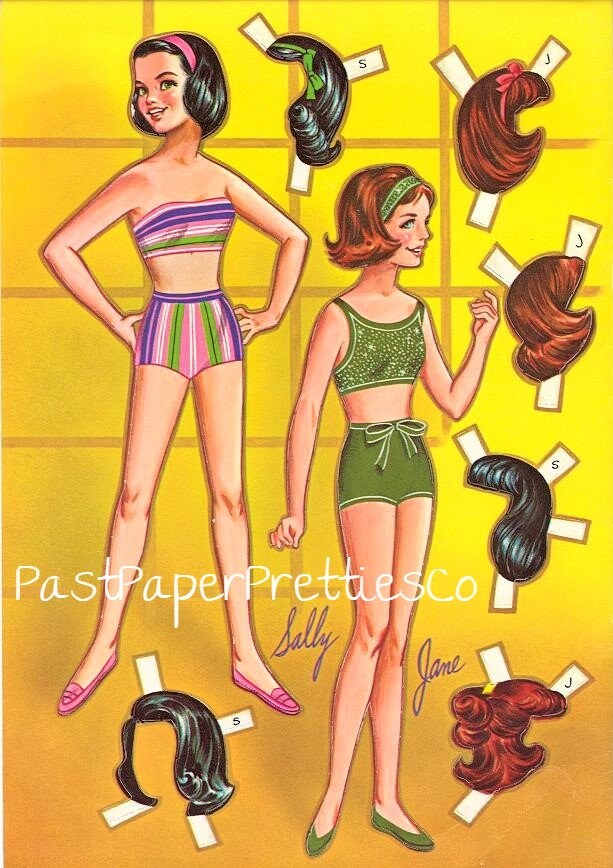 Vintage Paper Dolls Sally and Jane with Clothes and Hair-dos 1964 Printable PDF Instant Digital Download 2 Pretty Teen Girls Best Friends