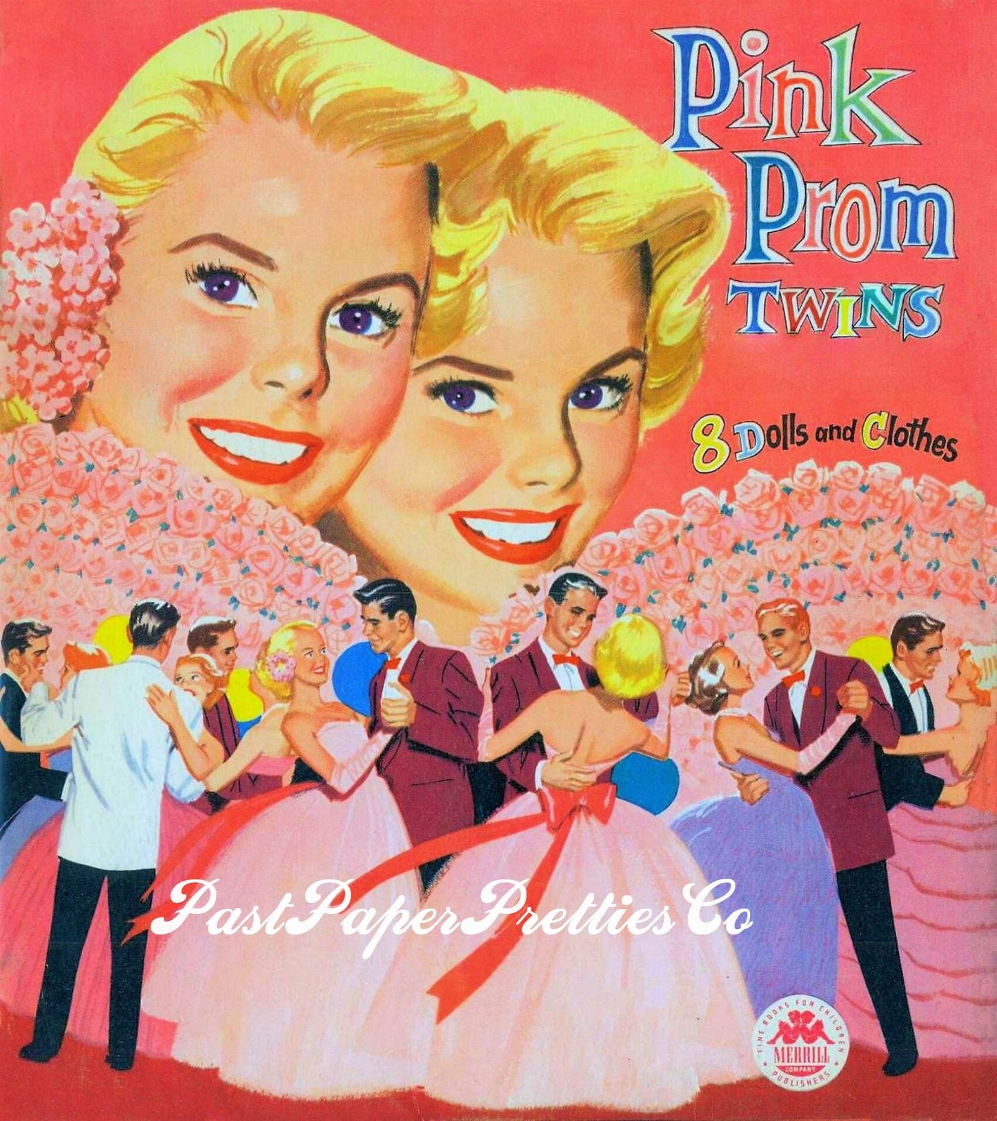 Vintage Paper Dolls Pink Prom Twins Girls 1956 Printable PDF Instant Digital Download 8 Sweetheart Teen Teenager Dolls School Dance Clip Art